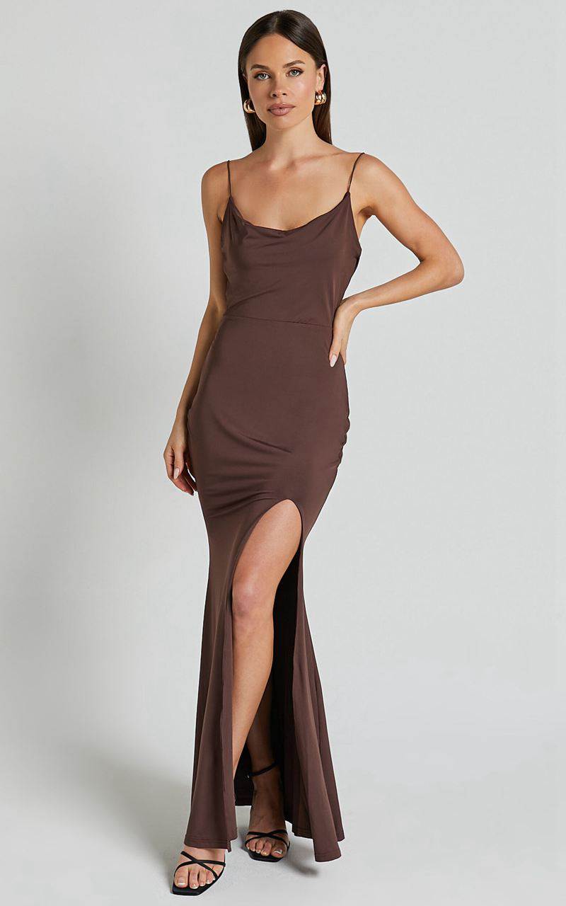 Showpo Tasteful Midi Dress - Cowl Neck Bodycon Thigh Split Dress Dark Chocolate | IYZHPA598