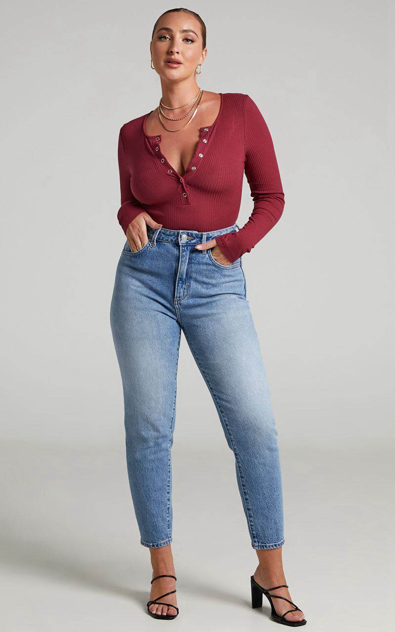 Showpo Tatem Bodysuit - Long Sleeve Button Front Bodysuit Wine | HGZUNI910