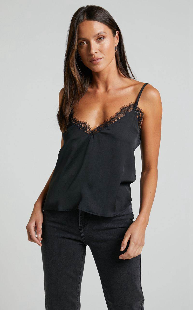 Showpo Tatito Top - Lace Detail Cami Top Black | VLWCBJ935