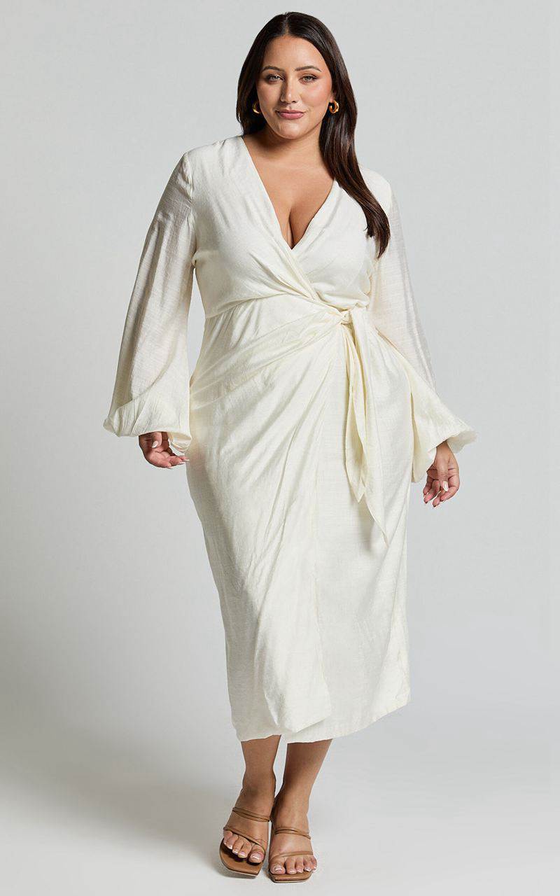 Showpo Taylor Midi Dress - Long Sleeve Wrap Dress White | WJLHPV086