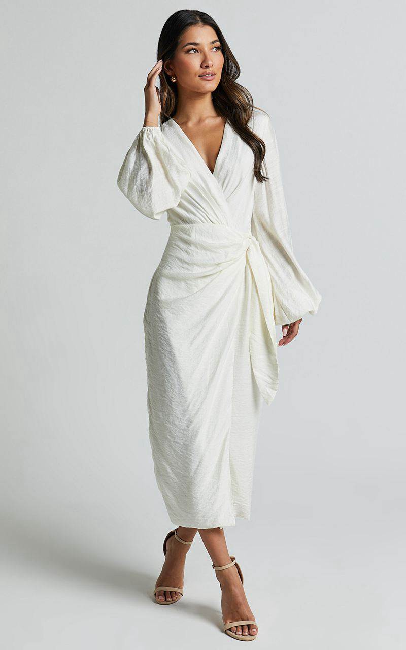 Showpo Taylor Midi Dress - Long Sleeve Wrap Dress White | WJLHPV086