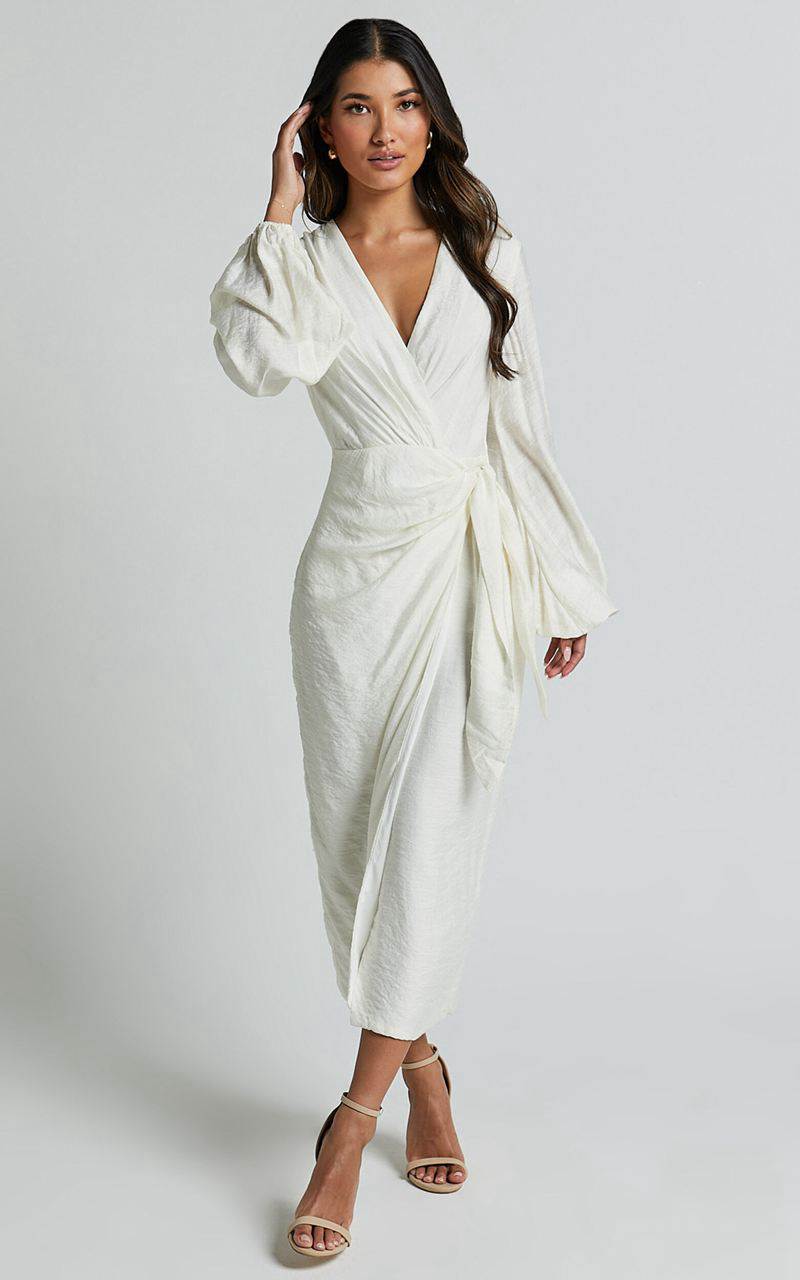 Showpo Taylor Midi Dress - Long Sleeve Wrap Dress White | WJLHPV086