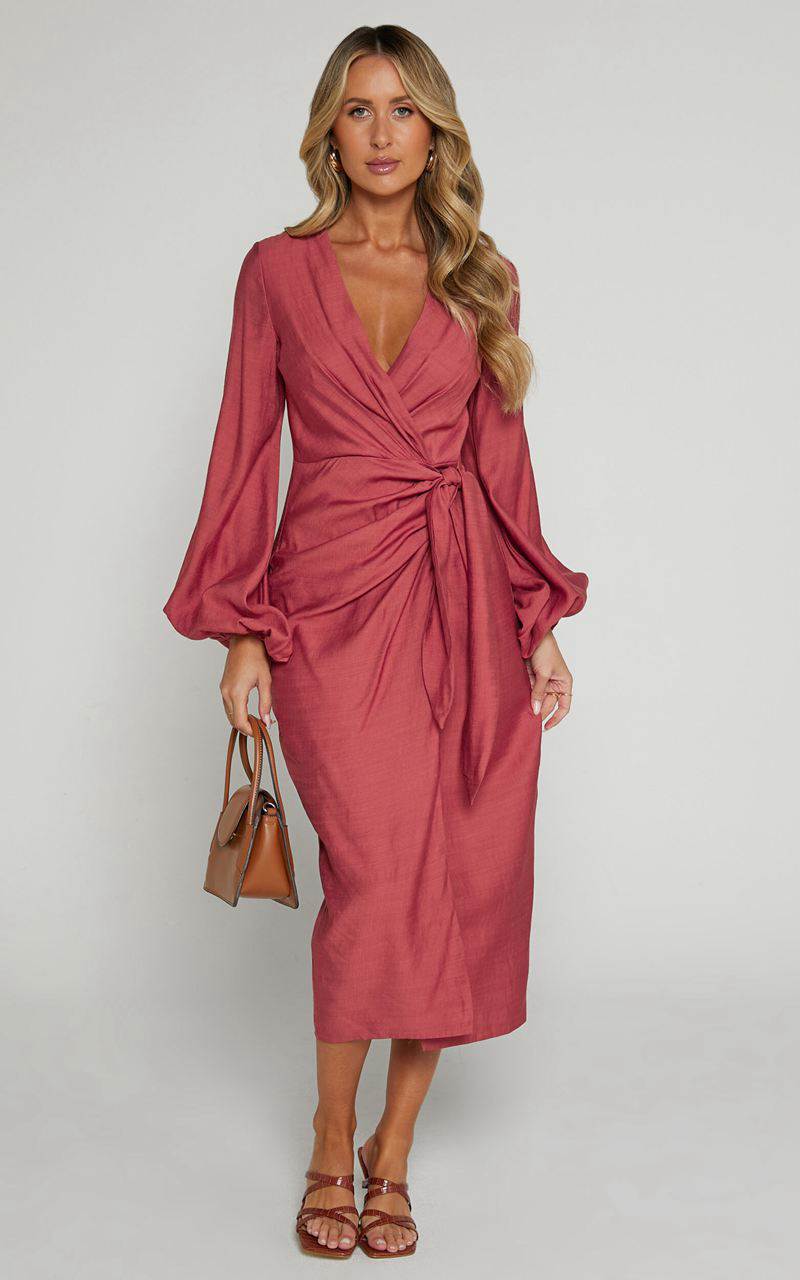 Showpo Taylor Midi Dress - Long Sleeve Wrap Dress Clay | OHEIPW513