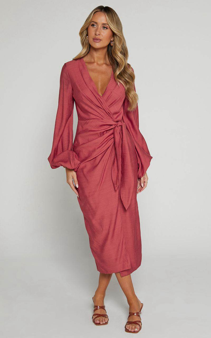 Showpo Taylor Midi Dress - Long Sleeve Wrap Dress Clay | OHEIPW513