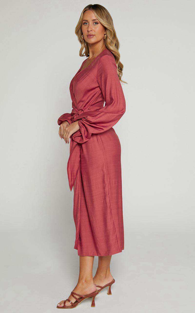 Showpo Taylor Midi Dress - Long Sleeve Wrap Dress Clay | OHEIPW513