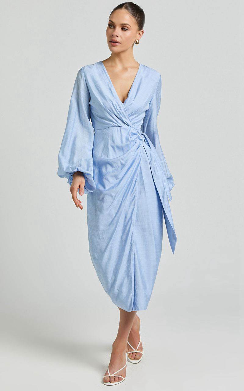 Showpo Taylor Midi Dress - Long Sleeve Wrap Dress Blue | JEWABM762