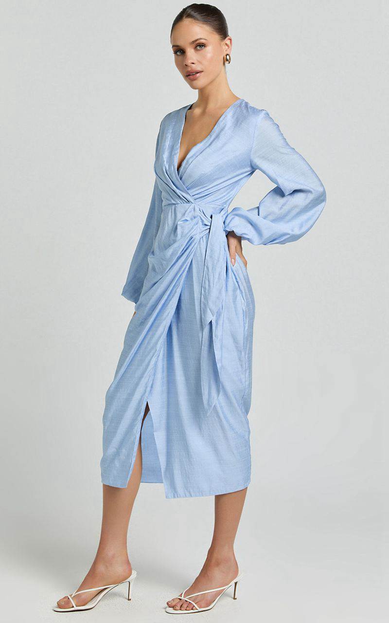 Showpo Taylor Midi Dress - Long Sleeve Wrap Dress Blue | JEWABM762