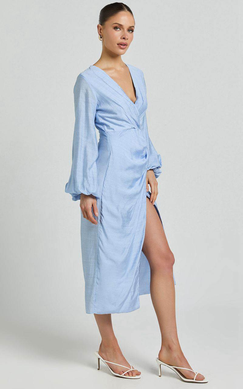 Showpo Taylor Midi Dress - Long Sleeve Wrap Dress Blue | JEWABM762