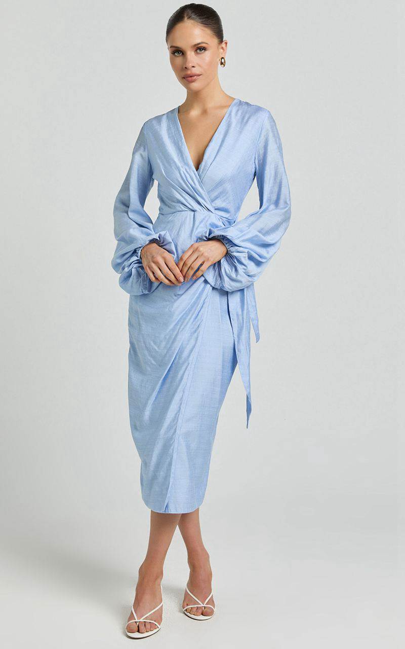 Showpo Taylor Midi Dress - Long Sleeve Wrap Dress Blue | JEWABM762