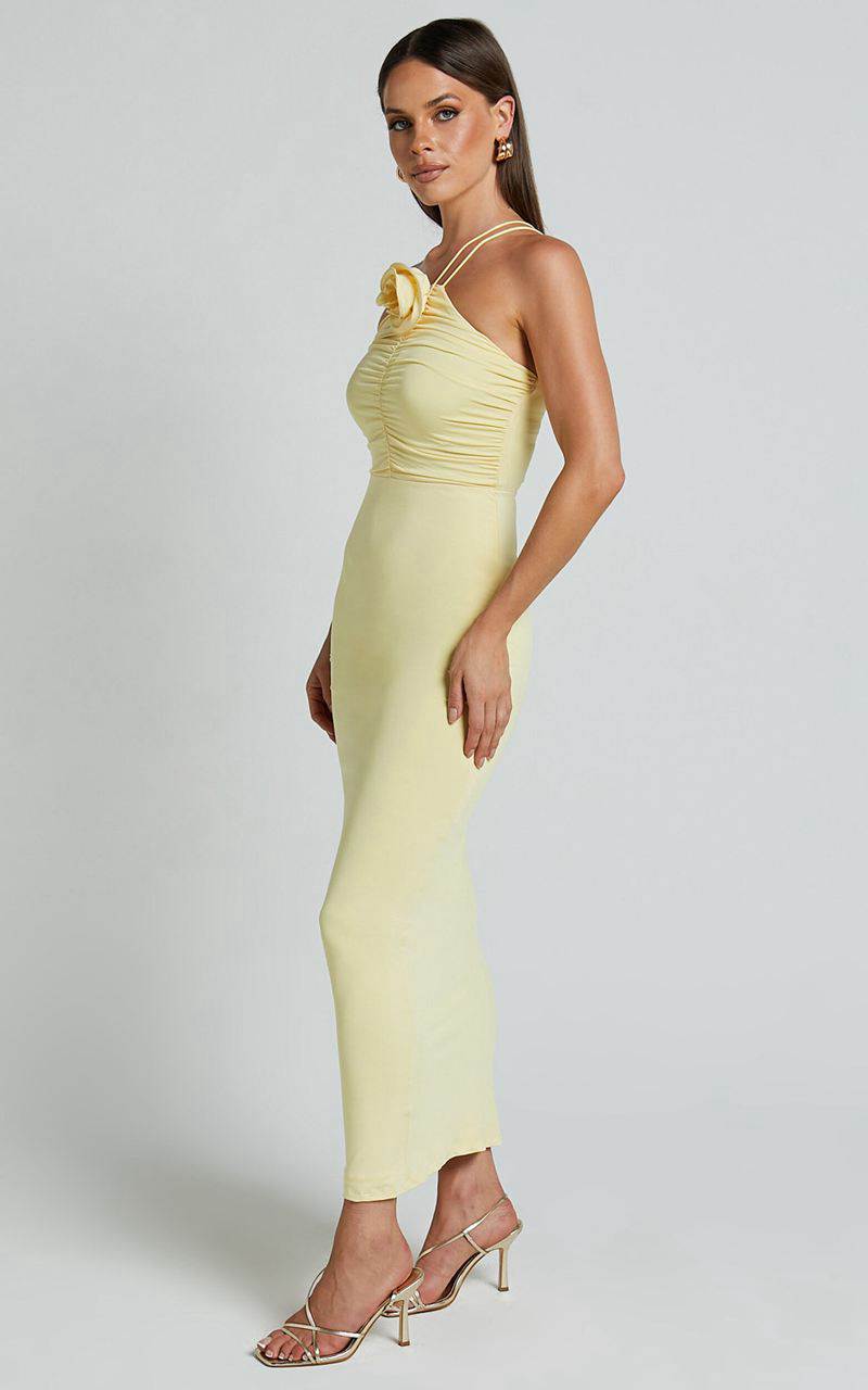 Showpo Teagan Midi Dress - Bodycon Ruched Asymmetric Strap Rosette Dress Lemon | FBPWXQ472