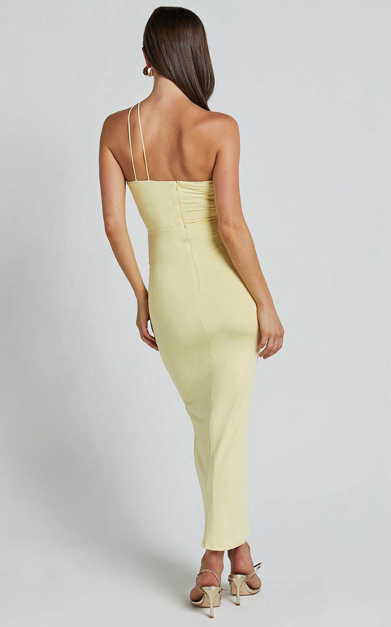 Showpo Teagan Midi Dress - Bodycon Ruched Asymmetric Strap Rosette Dress Lemon | FBPWXQ472