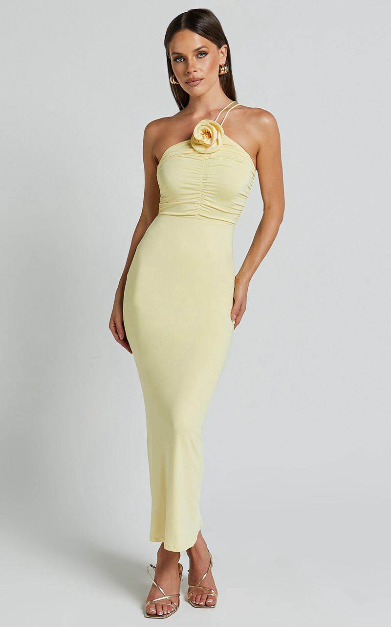 Showpo Teagan Midi Dress - Bodycon Ruched Asymmetric Strap Rosette Dress Lemon | FBPWXQ472