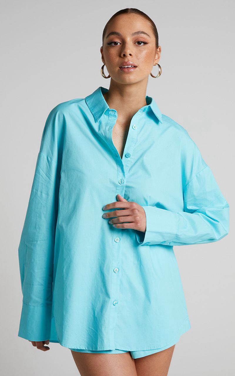 Showpo Terah Shirt - Button Up Shirt Aqua Blue | XJAYQV096