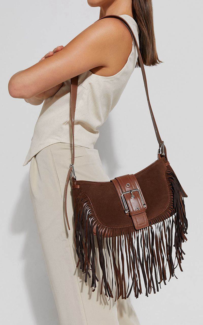 Showpo Texas Bag - Crossbody Suede Fringe Bag Brown | PMNIGC261