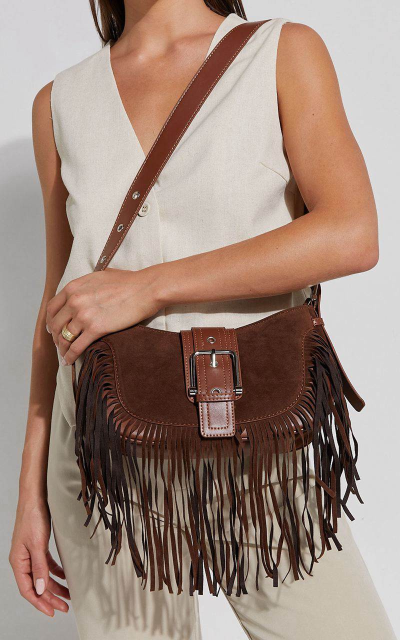 Showpo Texas Bag - Crossbody Suede Fringe Bag Brown | PMNIGC261