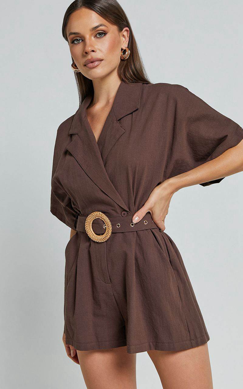 Showpo Thaisa Playsuit - Short Sleeve Collared Belted Playsuit Choc | CXFSUZ179