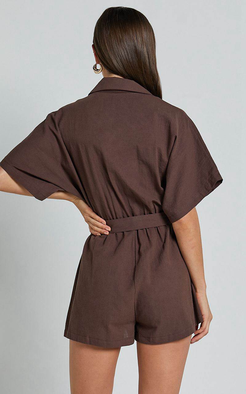 Showpo Thaisa Playsuit - Short Sleeve Collared Belted Playsuit Choc | CXFSUZ179