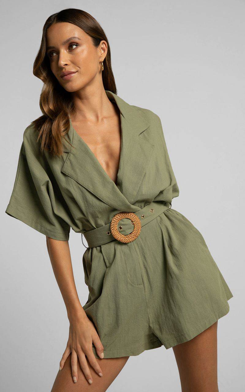 Showpo Thaisa Playsuit - Short Sleeve Collared Belted Playsuit Khaki | UALGRF456