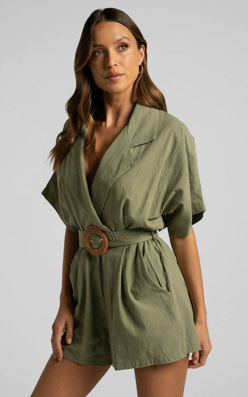 Showpo Thaisa Playsuit - Short Sleeve Collared Belted Playsuit Khaki | UALGRF456