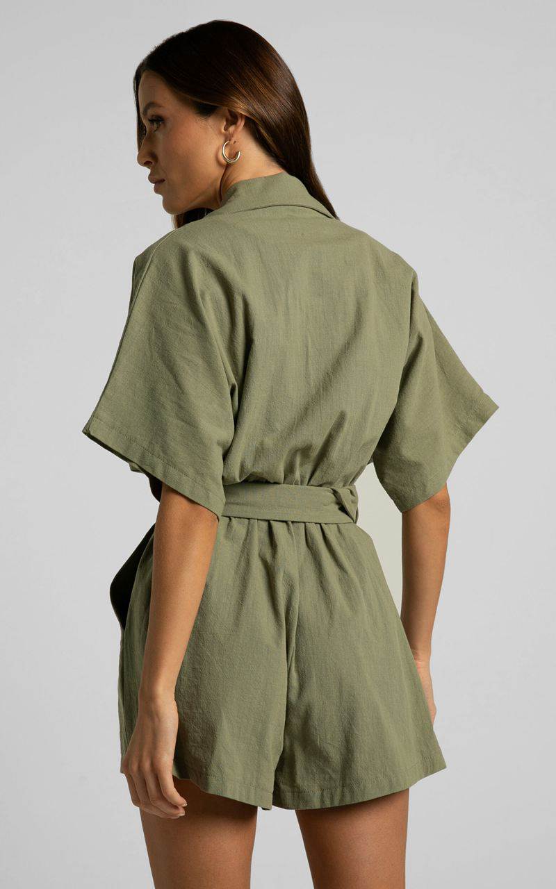 Showpo Thaisa Playsuit - Short Sleeve Collared Belted Playsuit Khaki | UALGRF456