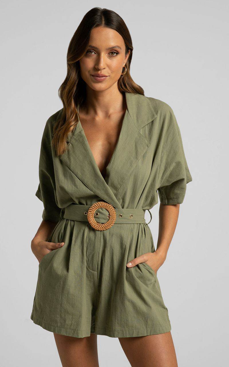 Showpo Thaisa Playsuit - Short Sleeve Collared Belted Playsuit Khaki | UALGRF456