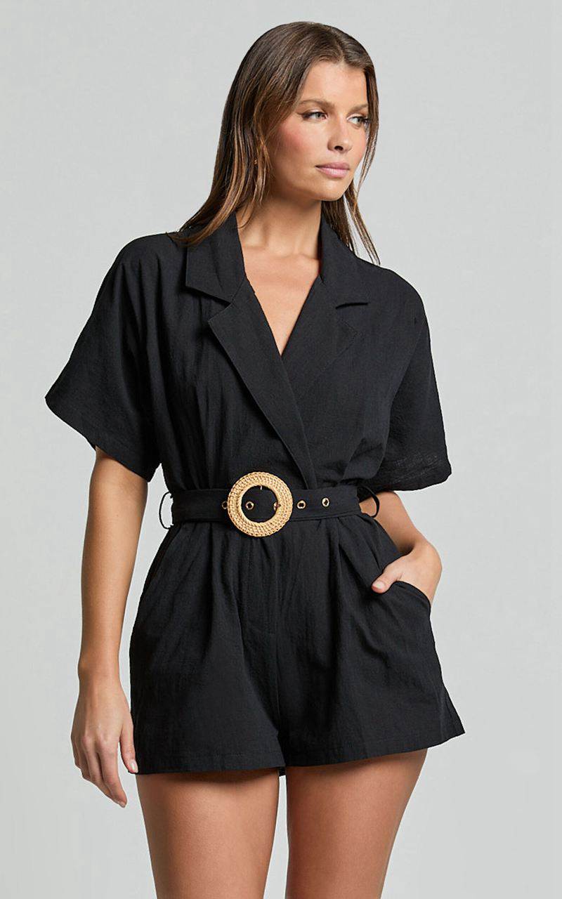 Showpo Thaisa Playsuit - Short Sleeve Collared Belted Playsuit Black | RHFMUQ940