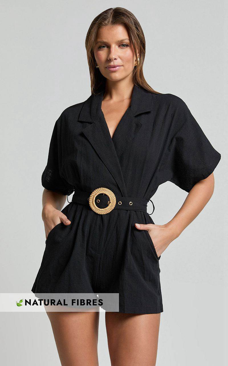 Showpo Thaisa Playsuit - Short Sleeve Collared Belted Playsuit Black | RHFMUQ940