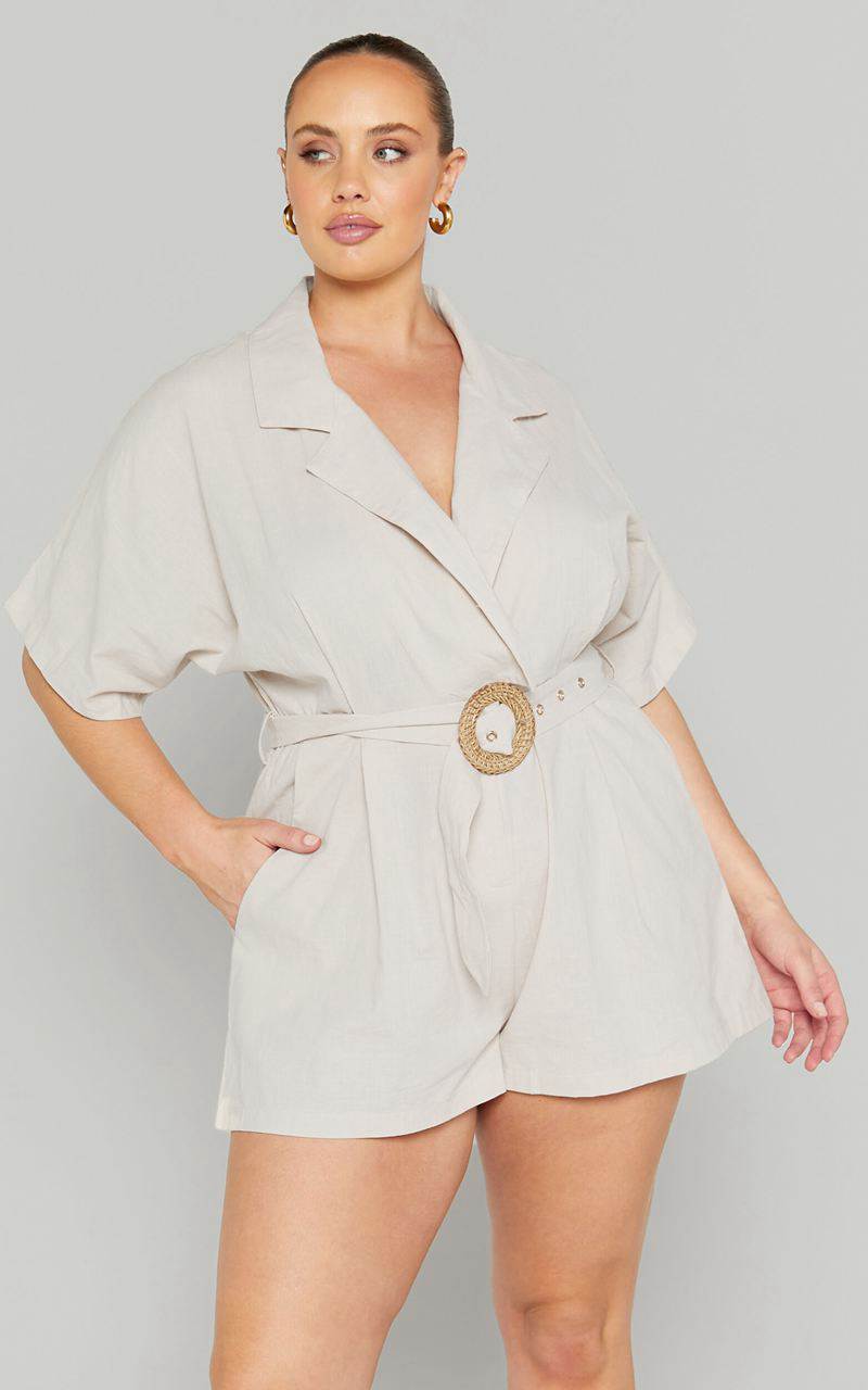 Showpo Thaisa Playsuit - Short Sleeve Collared Belted Playsuit Biscuit | JTUEAR519