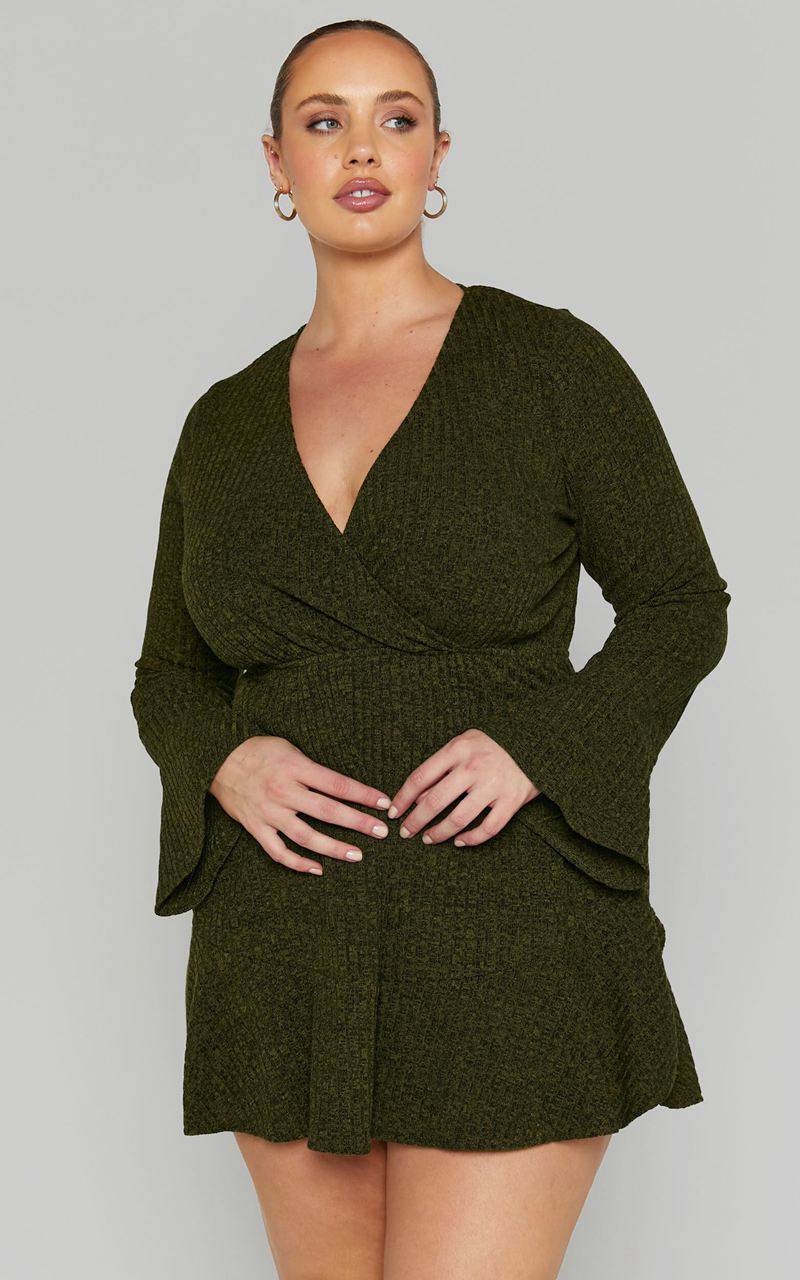 Showpo The Next Step Mini Dress - Long Sleeve Dress Khaki | JKAYGM719