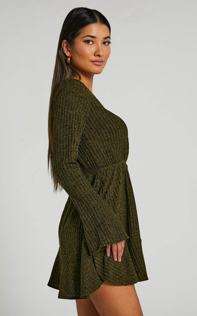 Showpo The Next Step Mini Dress - Long Sleeve Dress Khaki | JKAYGM719