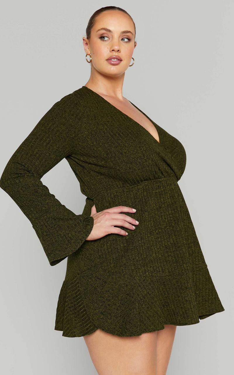 Showpo The Next Step Mini Dress - Long Sleeve Dress Khaki | JKAYGM719