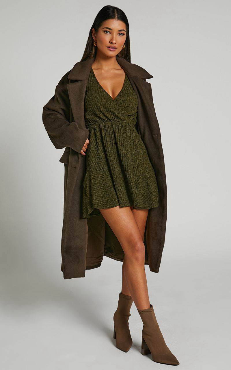 Showpo The Next Step Mini Dress - Long Sleeve Dress Khaki | JKAYGM719