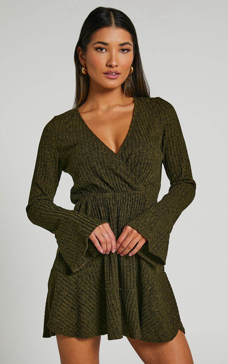 Showpo The Next Step Mini Dress - Long Sleeve Dress Khaki | JKAYGM719