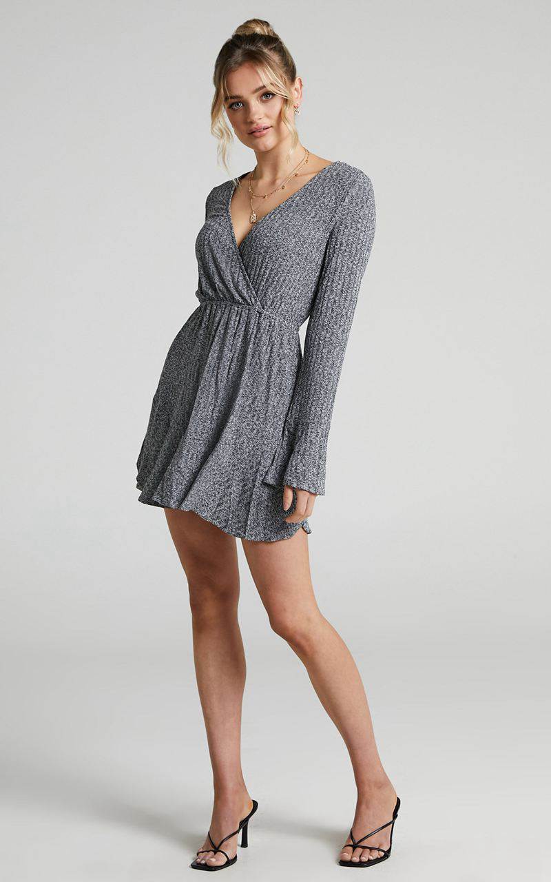 Showpo The Next Step Mini Dress - Long Sleeve Dress Charcoal Marle | AGVESK615