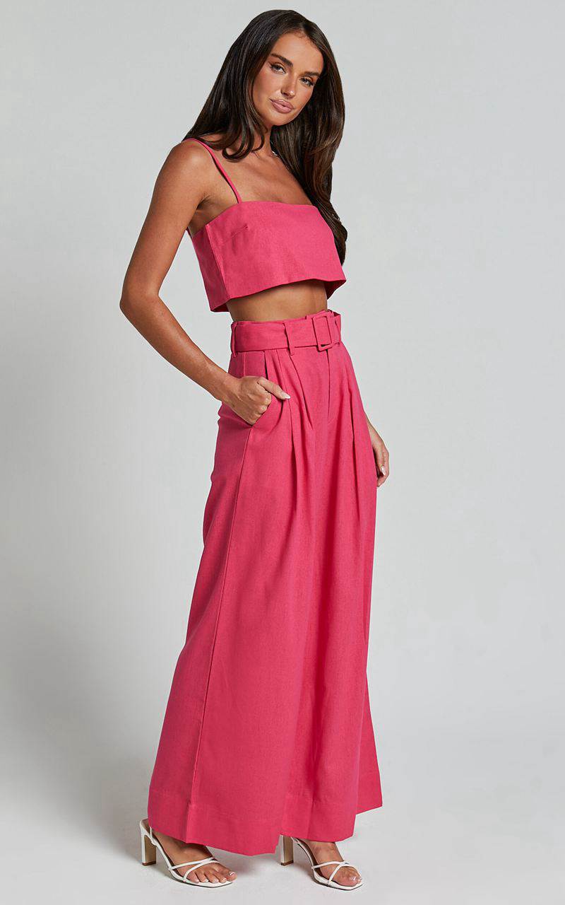 Showpo Thelma Two Piece Set - Linen Look Bandeau Crop Top And Belted Wide Leg Pants Set Hot Pink | EDKMXR209