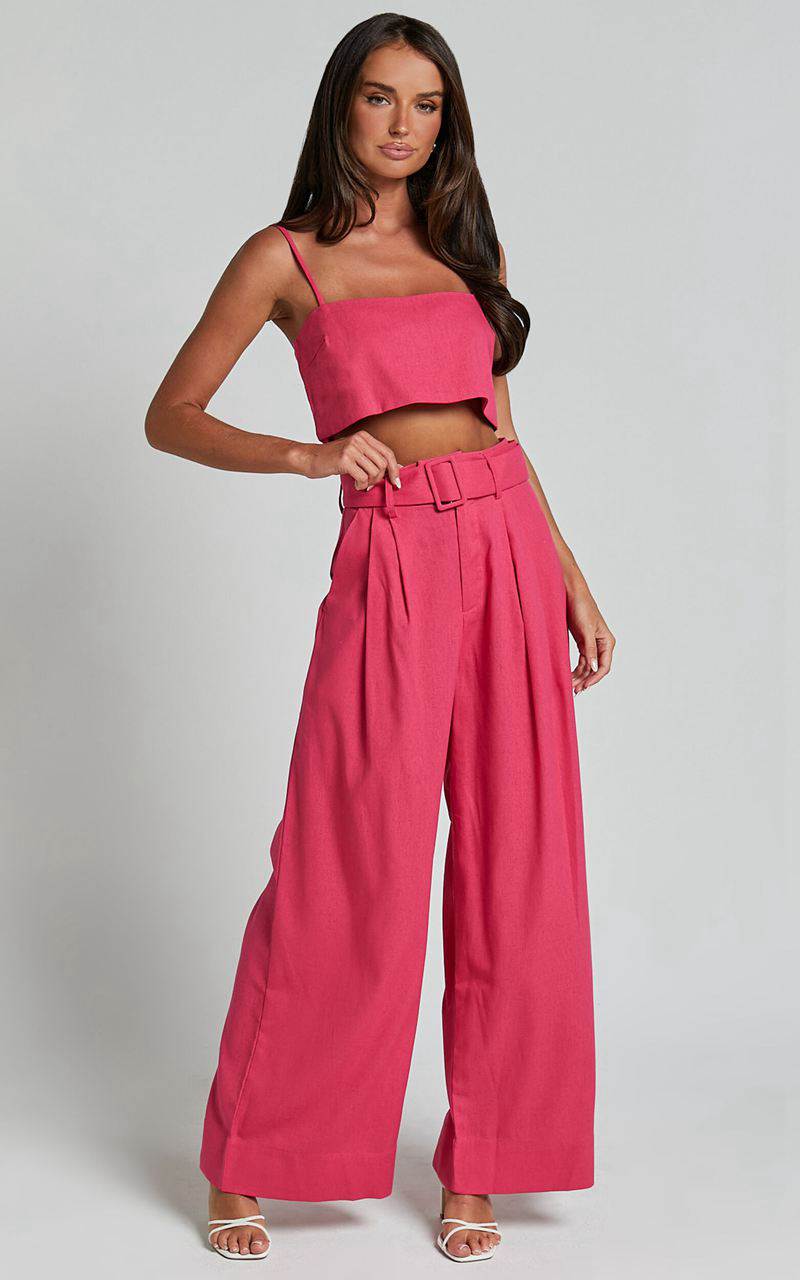 Showpo Thelma Two Piece Set - Linen Look Bandeau Crop Top And Belted Wide Leg Pants Set Hot Pink | EDKMXR209