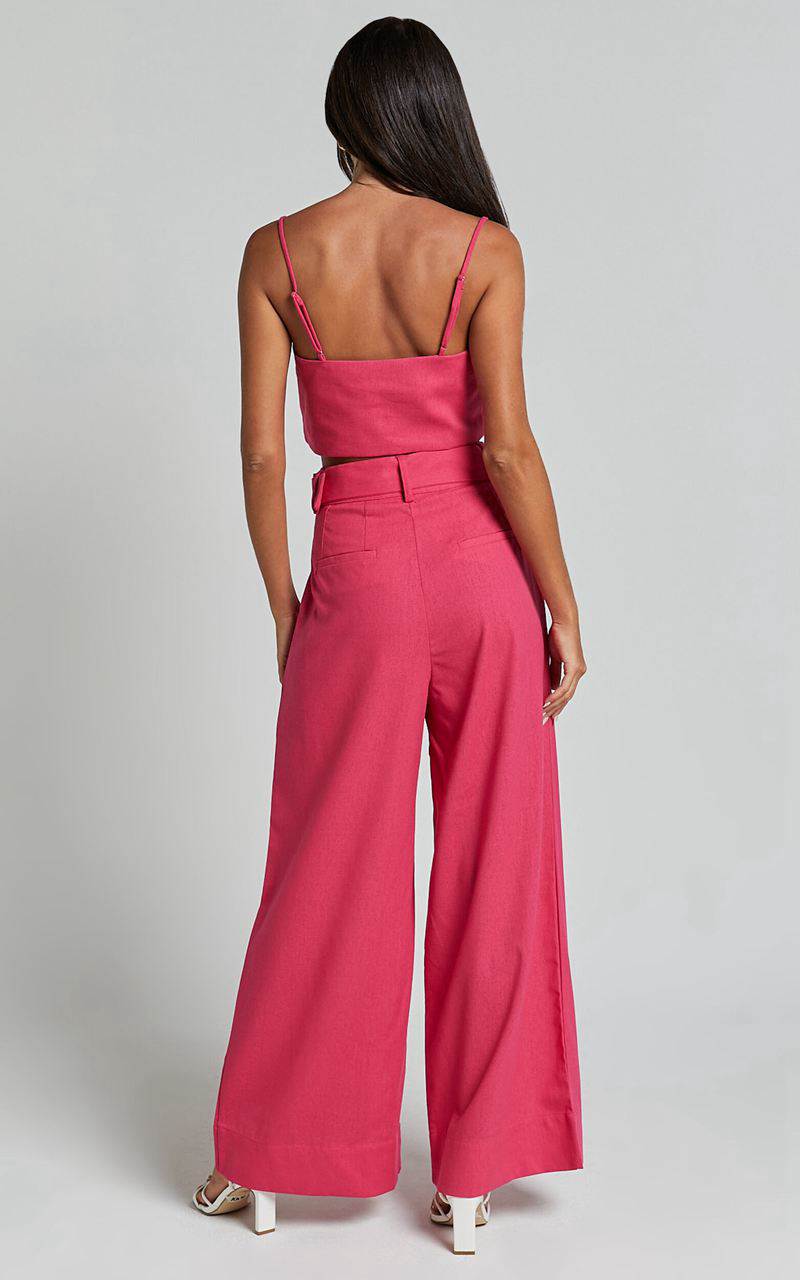 Showpo Thelma Two Piece Set - Linen Look Bandeau Crop Top And Belted Wide Leg Pants Set Hot Pink | EDKMXR209