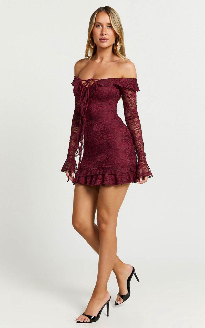 Showpo Theresa Mini Dress - Off Shoulder Tie Front Dress Wine | GUZJHO960