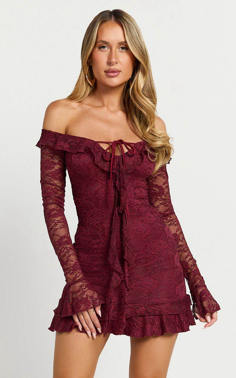 Showpo Theresa Mini Dress - Off Shoulder Tie Front Dress Wine | GUZJHO960