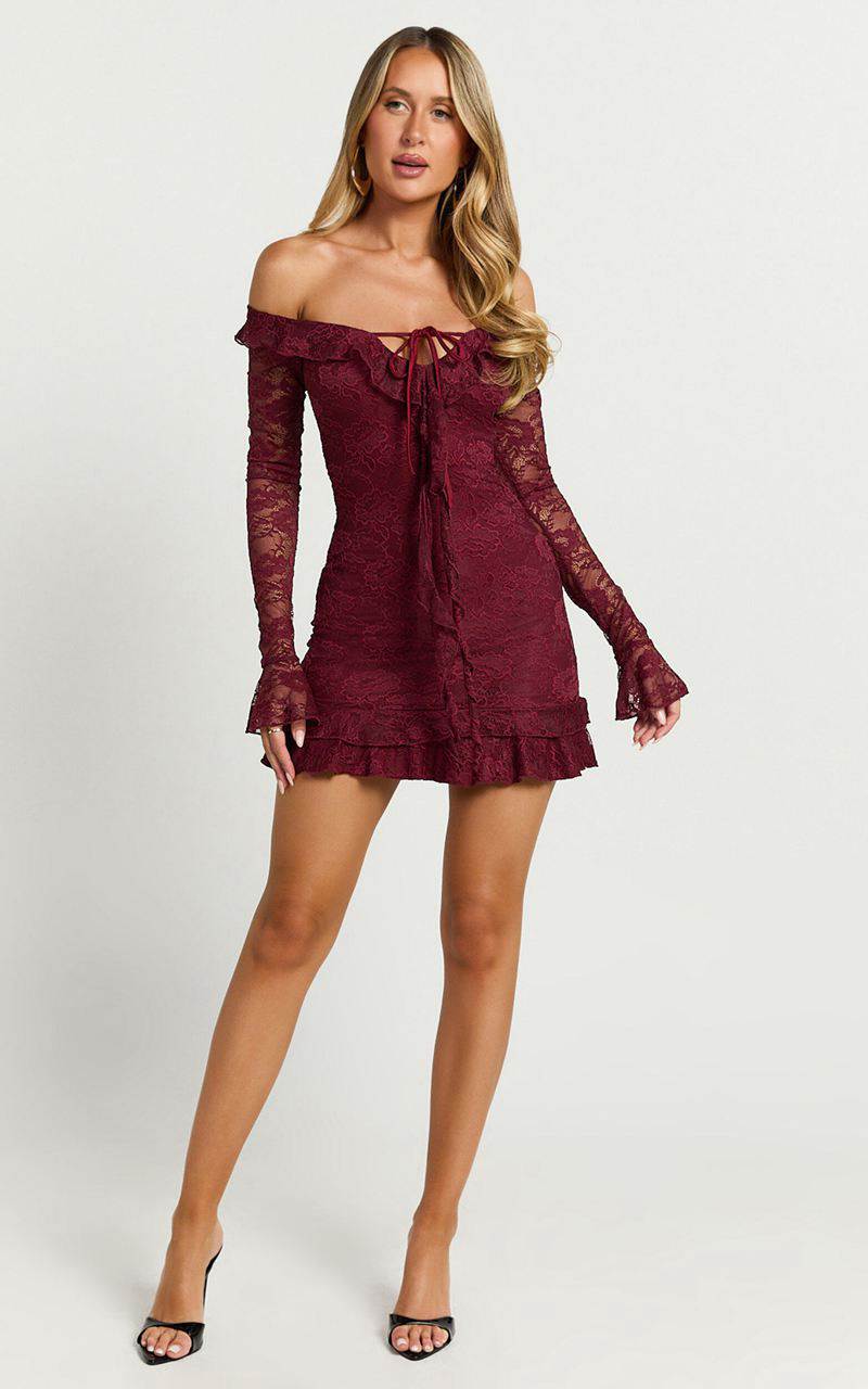 Showpo Theresa Mini Dress - Off Shoulder Tie Front Dress Wine | GUZJHO960