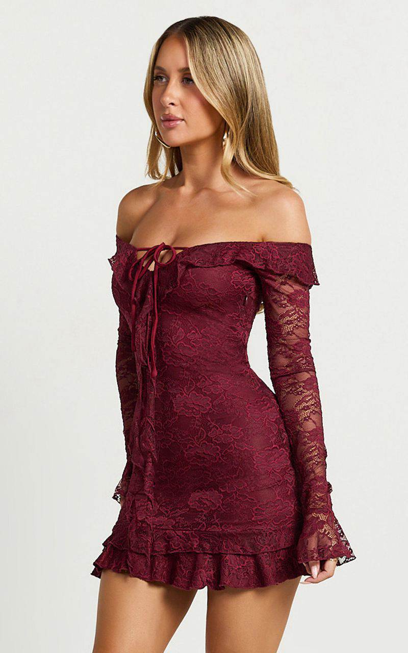 Showpo Theresa Mini Dress - Off Shoulder Tie Front Dress Wine | GUZJHO960