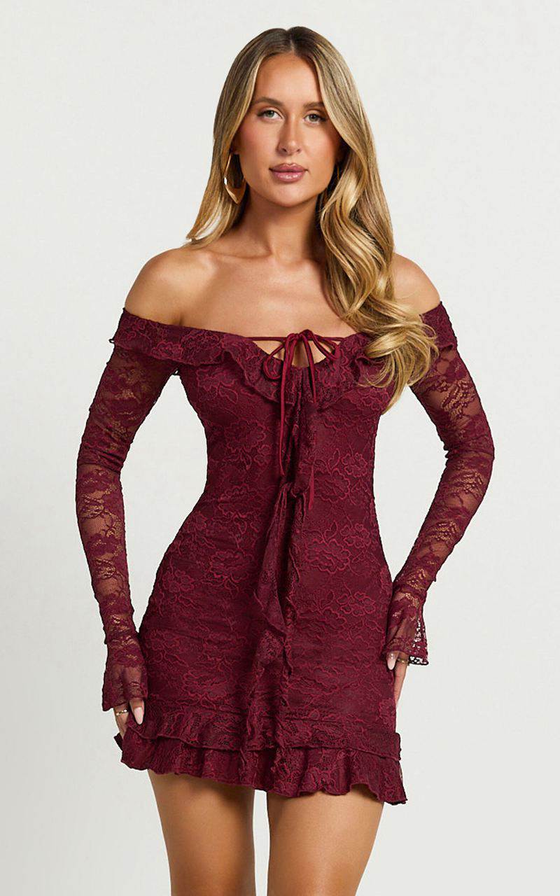 Showpo Theresa Mini Dress - Off Shoulder Tie Front Dress Wine | GUZJHO960