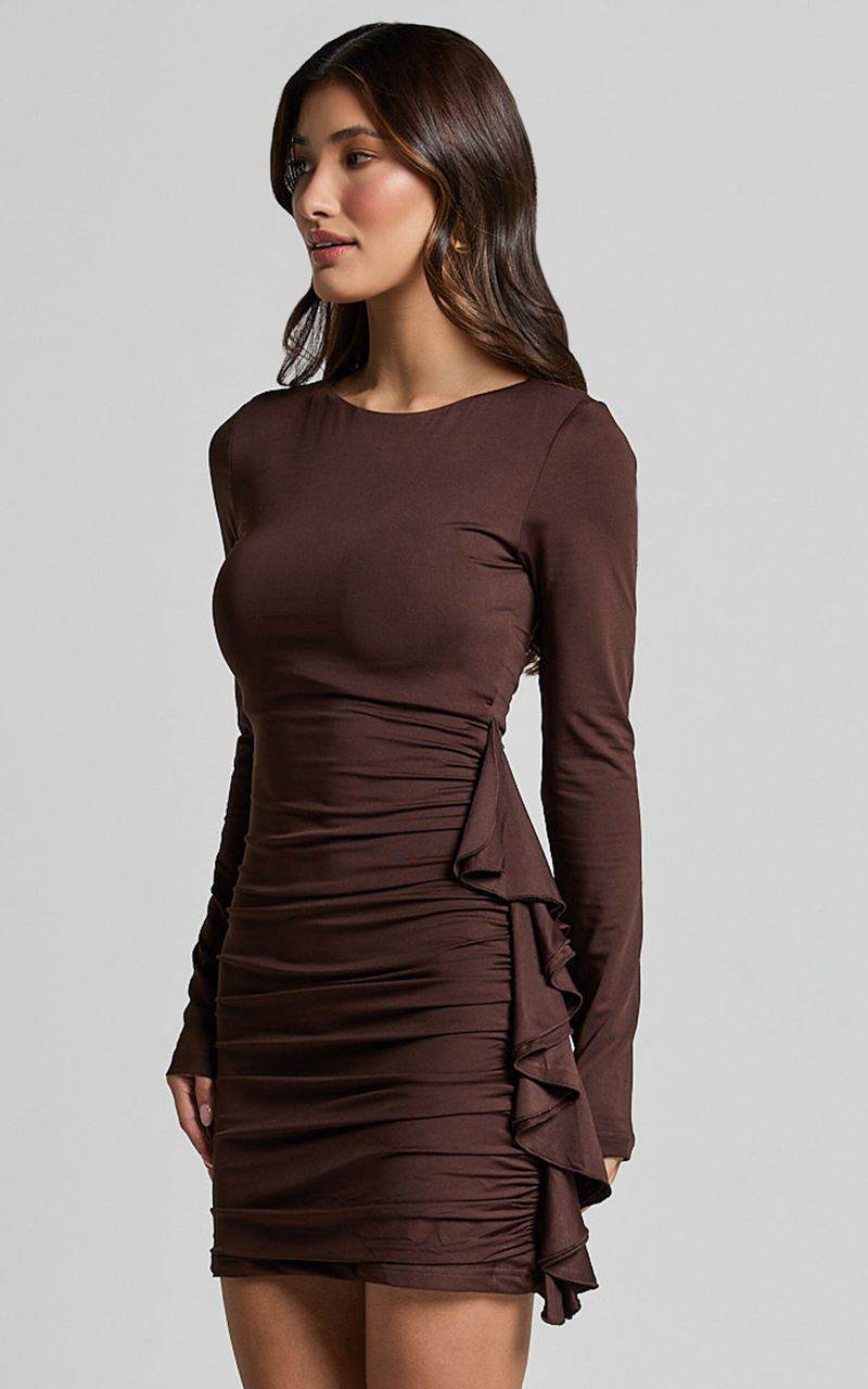 Showpo Therese Mini Dress - Ruched Bodycon Flounce Detail Dress Chocolate | IVGBWQ193