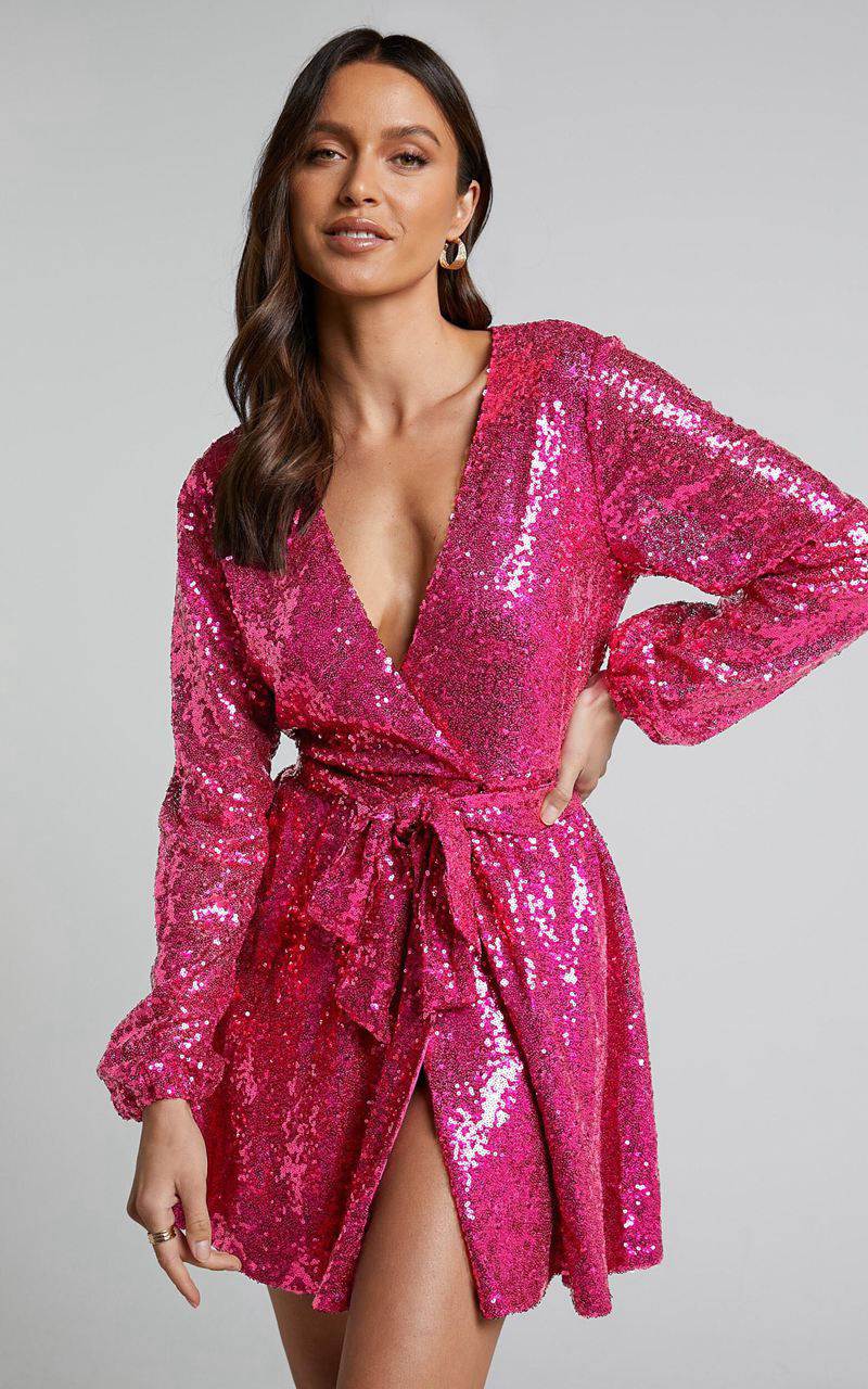 Showpo Three Of Us Mini Dress - Long Sleeve Wrap Dress Pink Sequin | TBXVZH275