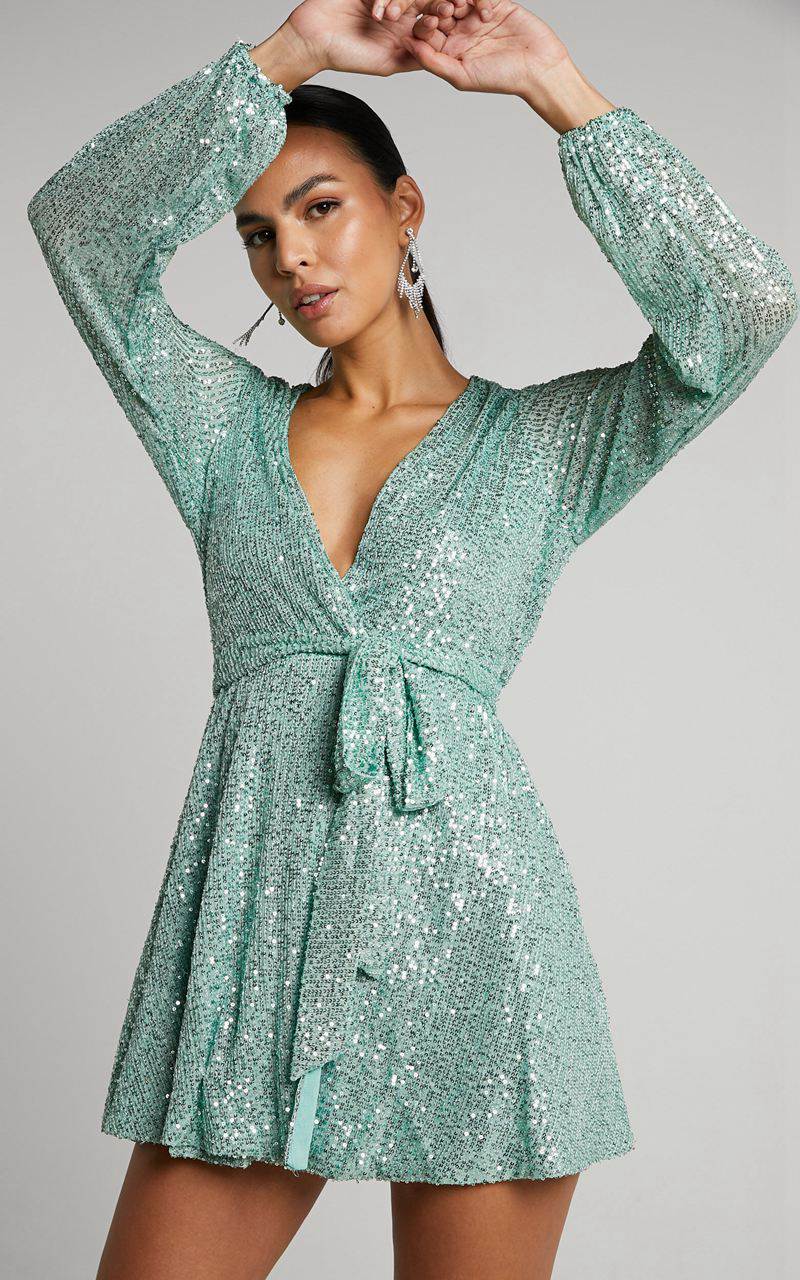 Showpo Three Of Us Mini Dress - Long Sleeve Wrap Dress Turquoise Sequin | WMKZDC796