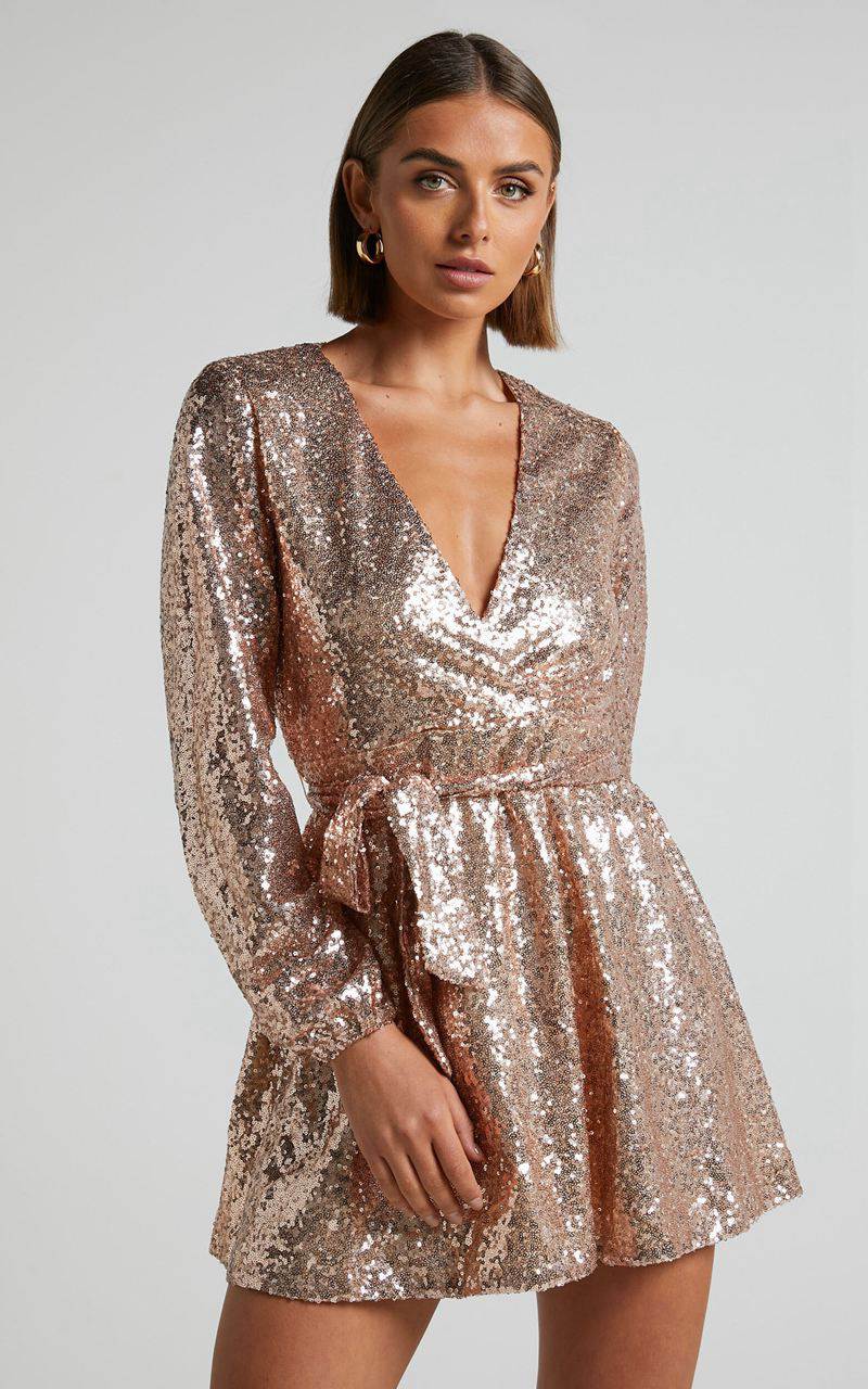 Showpo Three Of Us Mini Dress - Long Sleeve Wrap Dress Gold Sequin | ZVRXMG614