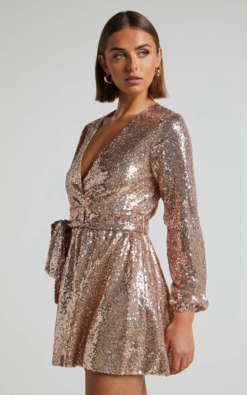 Showpo Three Of Us Mini Dress - Long Sleeve Wrap Dress Gold Sequin | ZVRXMG614