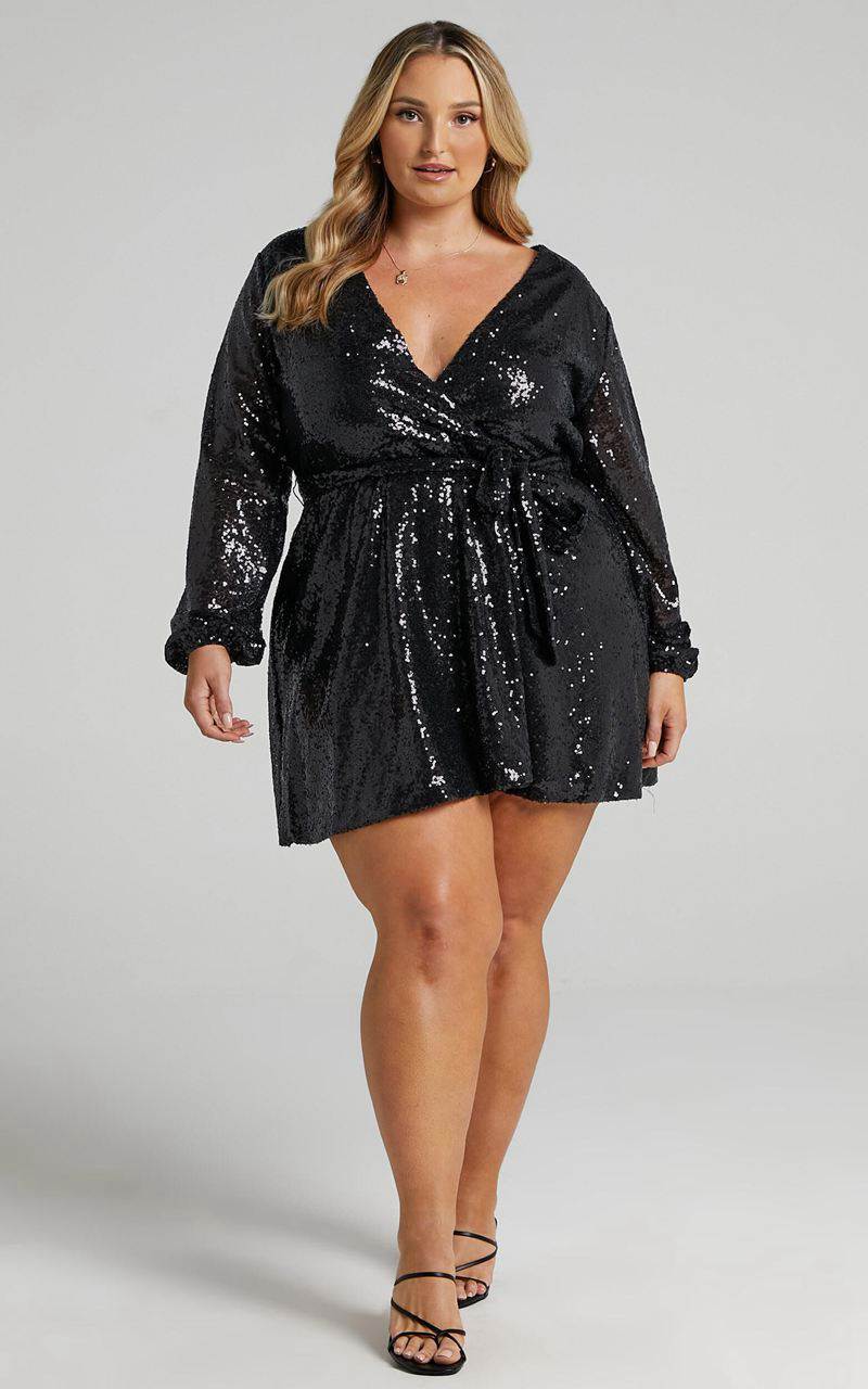 Showpo Three Of Us Mini Dress - Long Sleeve Wrap Dress Black Sequin | NRVWEB693