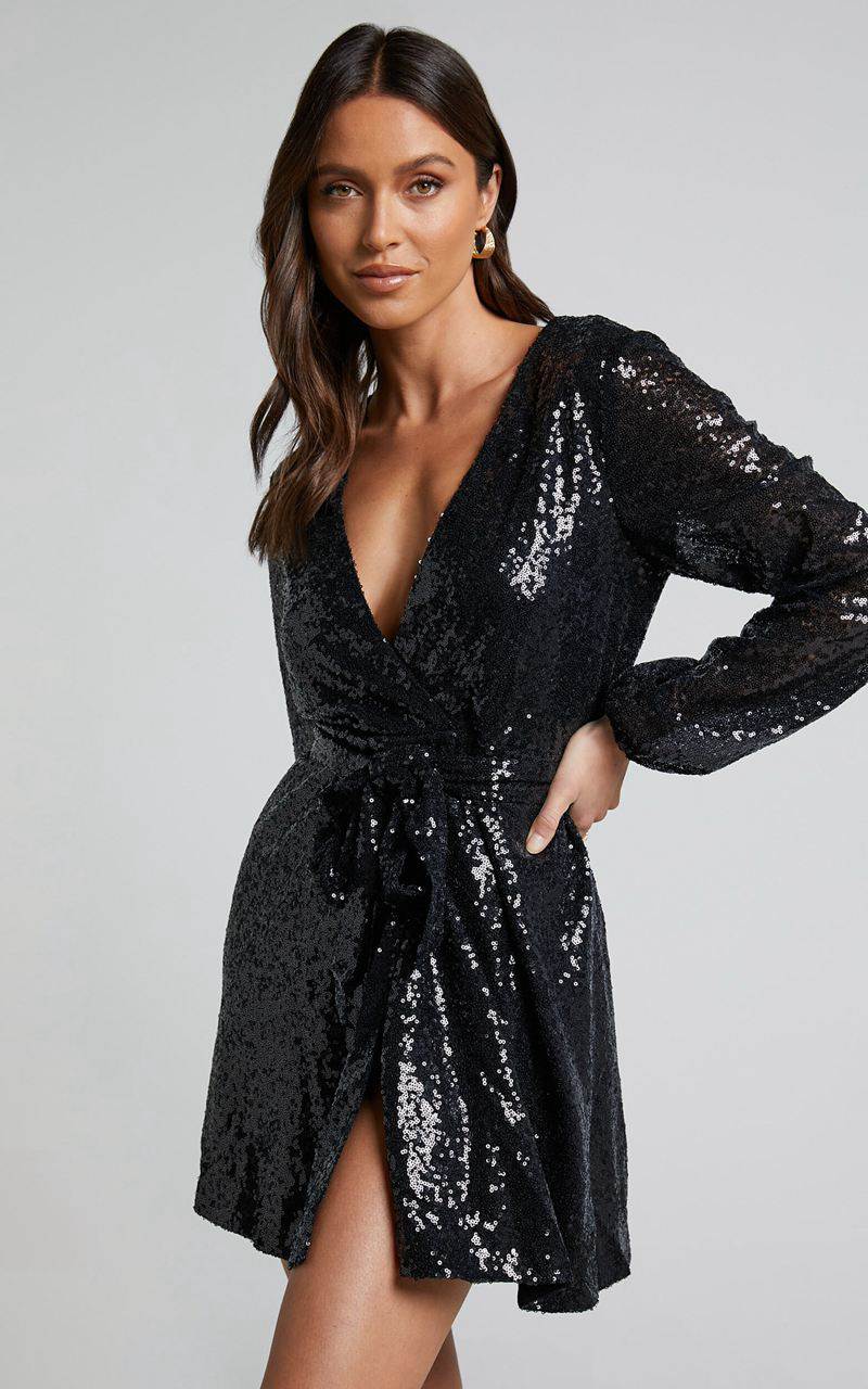 Showpo Three Of Us Mini Dress - Long Sleeve Wrap Dress Black Sequin | NRVWEB693