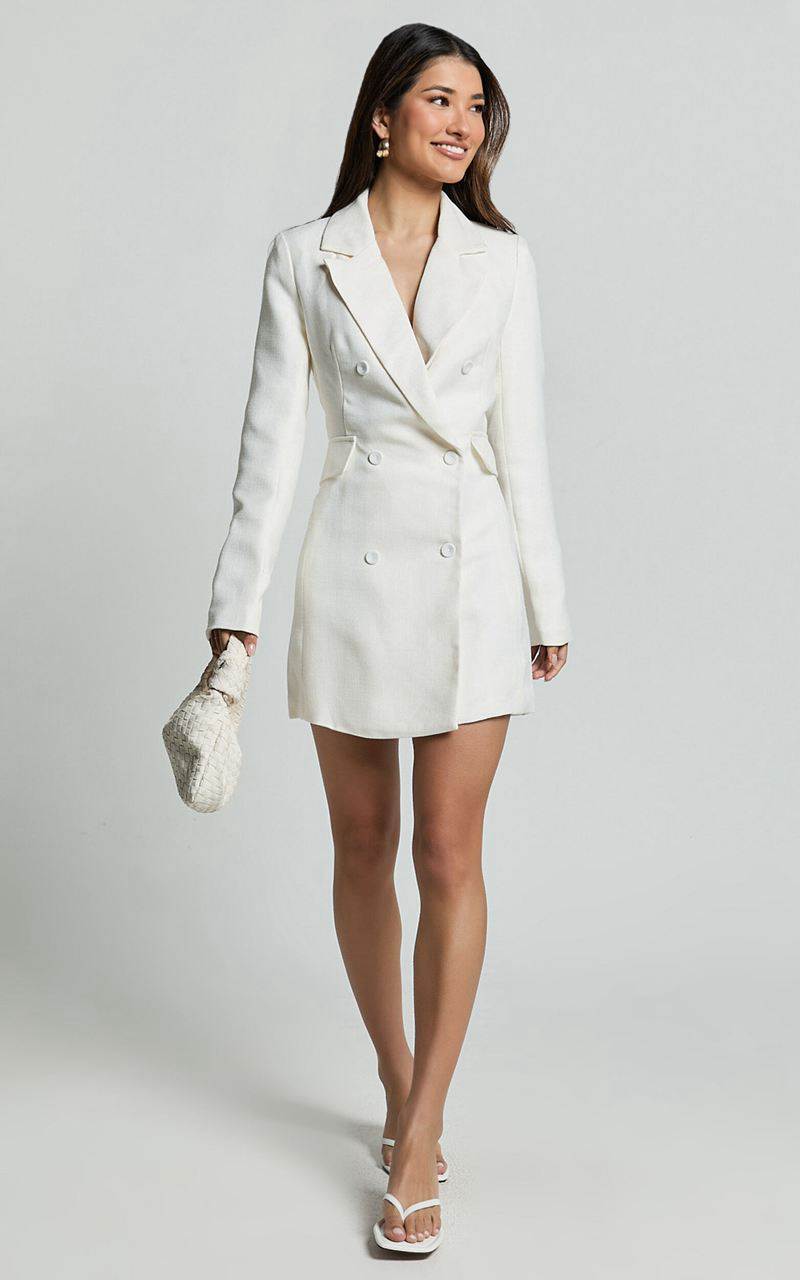 Showpo Tiana Mini Dress - Double Breasted Collared Jacket Dress Ivory | DQRUBM723